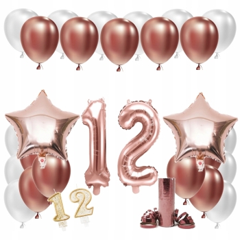 ZESTAW BALONY NA 12 URODZINY LAT ROSE GOLD