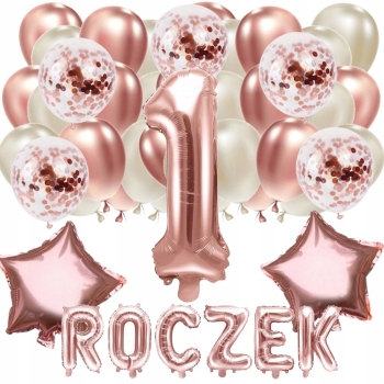 BALONY ZESTAW NA ROCZEK 1 URODZINY ROSE GOLD NAPIS