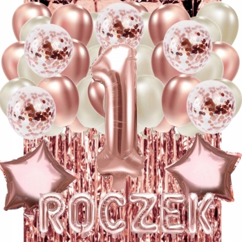 BALONY ZESTAW kurtyna ROCZEK 1 URODZINY ROSE GOLD