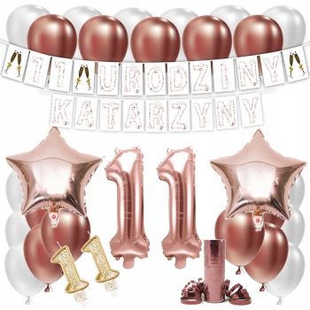 ZESTAW BALONY 11 URODZINY ROSE GOLD + IMIĘ 100 CM