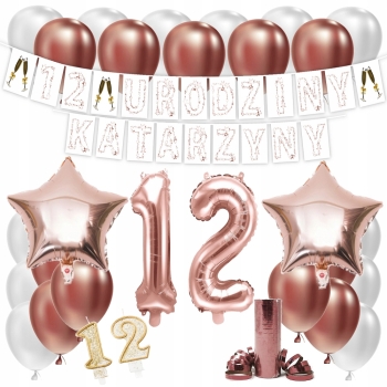 ZESTAW BALONY 12 URODZINY ROSE GOLD + IMIĘ 100CM