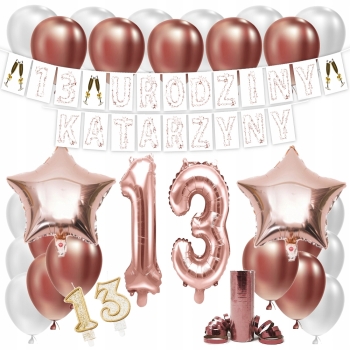 ZESTAW BALONY 13 URODZINY ROSE GOLD +IMIĘ 100 CM