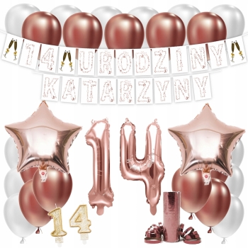 ZESTAW BALONY 14 URODZINY ROSE GOLD +IMIĘ 100 CM