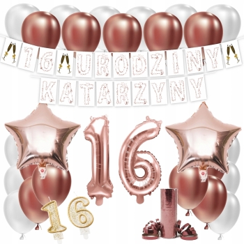 ZESTAW BALONY 16 URODZINY ROSE GOLD +IMIĘ 100 CM