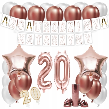 ZESTAW BALONY 20 URODZINY ROSE GOLD +IMIĘ 100 CM