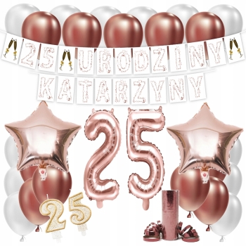 ZESTAW BALONY 25 URODZINY ROSE GOLD +IMIĘ 100 CM