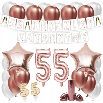 ZESTAW BALONY 55 URODZINY ROSE GOLD + IMIĘ 100 CM