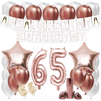 ZESTAW BALONY 65 URODZINY ROSE GOLD + IMIĘ 100 CM