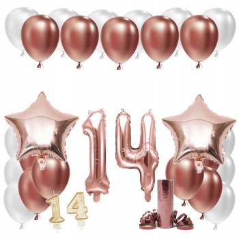 ZESTAW BALONY 14 URODZINY ROSE GOLD 100 CM